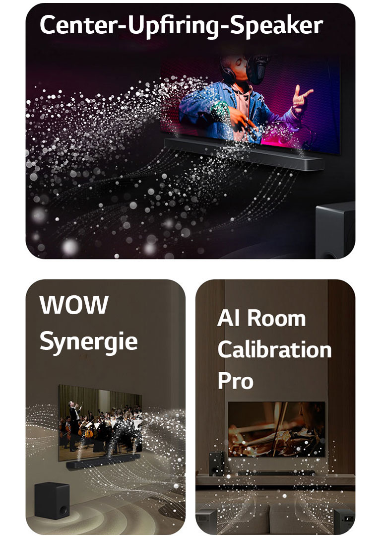 LG Soundbar und LG TV in einem schwarzen Raum bei der Wiedergabe einer Musikaufführung. Von der Soundbar kommen weiße Tröpfchen, die Schallwellen darstellen, nach oben und nach vorne, während der Subwoofer von unten einen Klangeffekt erzeugt., LG Soundbar und LG TV in einem Wohnzimmer bei der Wiedergabe einer Orchesteraufführung. Von der Soundbar gehen weiße Tröpfchen, die Schallwellen darstellen, nach oben und nach vorne und projizieren vom Fernseher, während der Subwoofer von unten einen Klangeffekt erzeugt. LG Soundbar, LG TV, hintere Lautsprecher und ein Subwoofer befinden sich in einem Wohnzimmer. Über dem Raum wird ein Raster eingeblendet, das wie ein Scan des Raums wirkt. Weiße Klangwellen aus Tröpfchen zeigen das harmonische Zusammenspiel der hinteren Lautsprecher und der Soundbar.