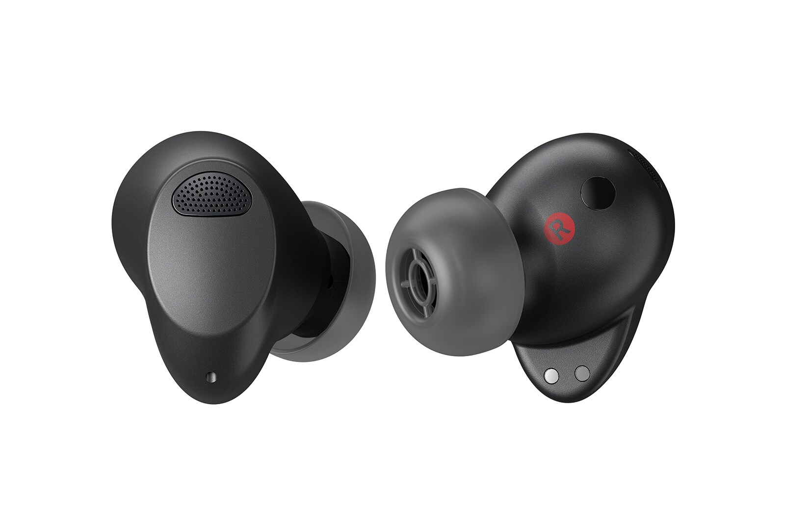 The left earbud is seen from the rear and the right earbud is seen from the front, turned 15 degrees to the left.