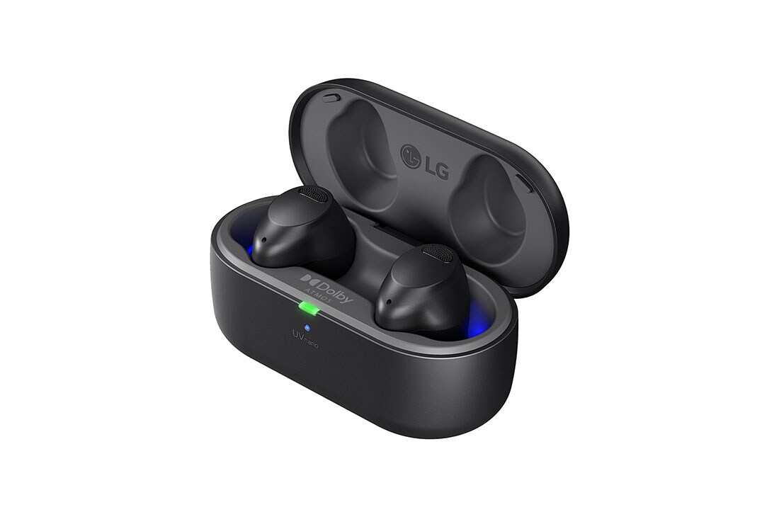 The lid of the cradle is open, showing light coming out through the earbuds inside, with the Plug and Wireless switch shown from the side.