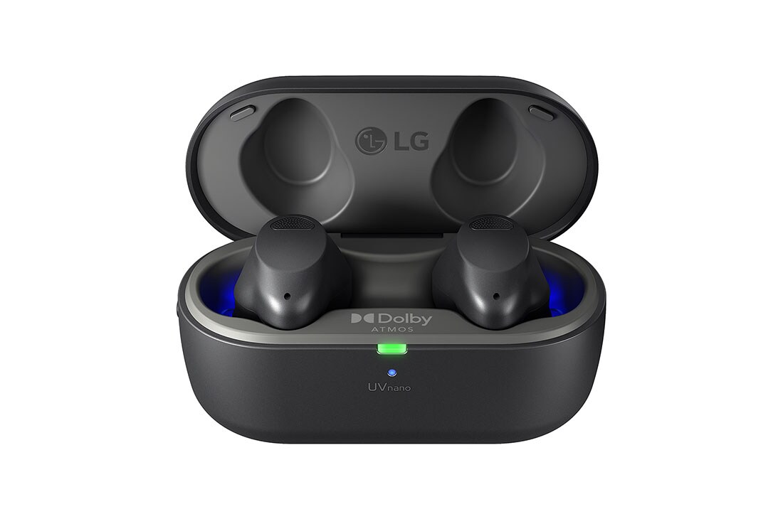 The lid of the cradle is open, showing light coming out through the earbuds inside.