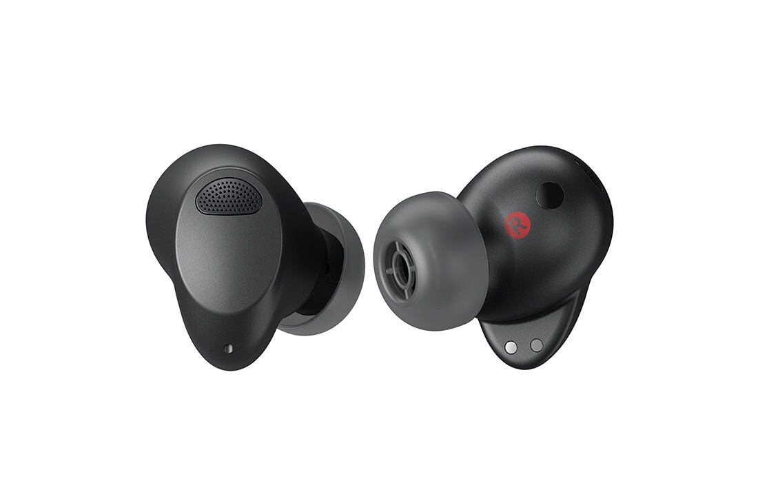 The left earbud is seen from the rear and the right earbud is seen from the front, turned 15 degrees to the left.