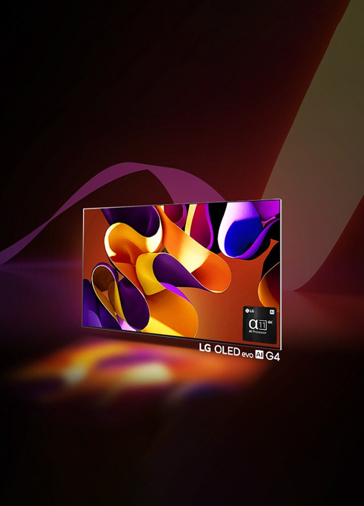 تُظهر شاشة LG OLED evo AI G4 مشهدًا فنيًا تجريديًا ملونًا.