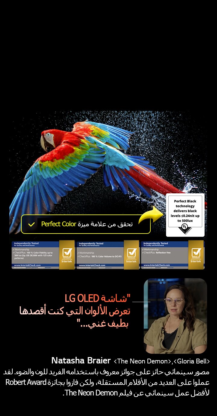 ببغاء ملون بدقة عالية للغاية على خلفية سوداء. يتم تعليق قطرات الماء في الهواء المحيط بها. تعرض الصورة اللون المثالي حيث أن كل درجة لون مختلفة على جسم الببغاء نابضة بالحياة. كما أن الخلفية الداكنة مع رذاذ المياه المفصل يسلطان الضوء على كيفية خلو الشاشة من الانعكاسات. تظهر شهادات شعار مختلفة من UL وIntertek. يشير هذا إلى دقة اللون بنسبة 100%، وحجم اللون بنسبة 100%، وأن الشاشة خالية من الانعكاسات. النص مرئي أيضًا، تحقق من علامة شهادة Perfect Color.
