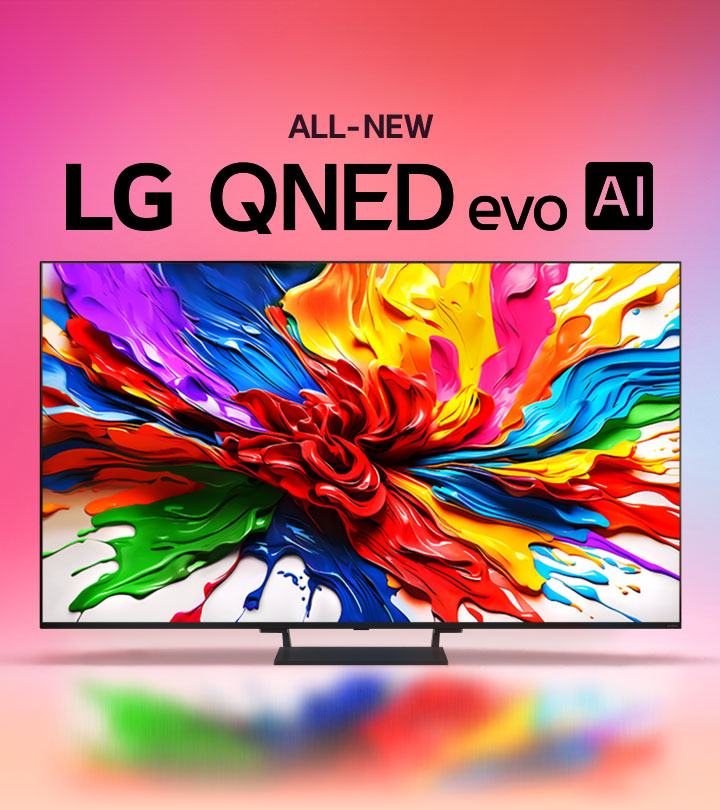 تلفزيون LG QNED TV على خلفية داكنة ملونة. على الشاشة صورة مشبعة بشكل جميل لمختلف رذاذات الطلاء التي تسلط الضوء على قدرات اللون للتلفزيون. يظهر أيضًا شعار تلفزيون LG QNED evo AI الجديد كليا.