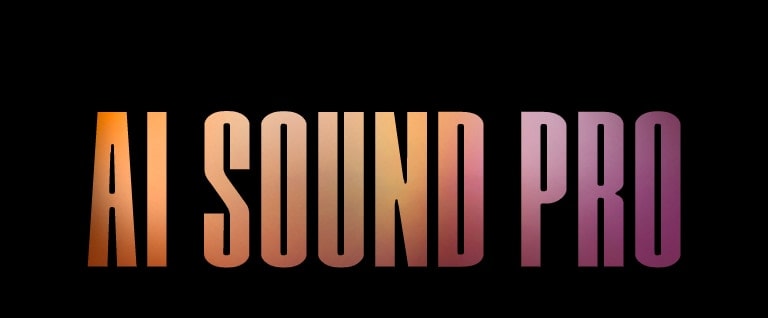 يظهر نص &quot;AI SOUND PRO&quot; بأحرف عريضة مع نظام ألوان متدرج يتراوح بين البرتقالي والبني على اليسار والوردي والأرجواني على اليمين، على خلفية سوداء.