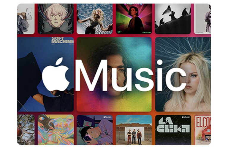 تخطيط شبكي للألبومات مع شعار Apple Music متراكب.