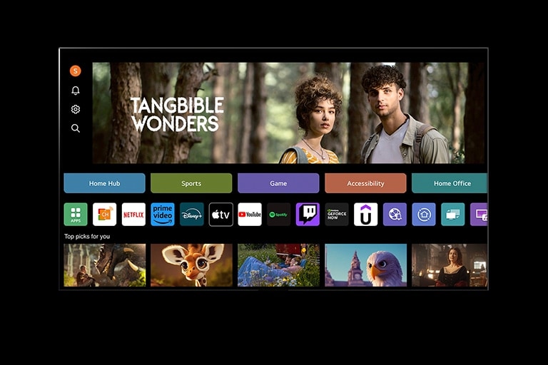 يعرض LG TV My Profile. ينقر المؤشر على الحرف الأول في الزاوية اليسرى العليا، ويفتح قائمة حسابات LG، ثم ينقر على الاسم الثاني. تظهر شاشة My Profile الجديدة على التلفزيون مع صور مصغرة مختلفة.