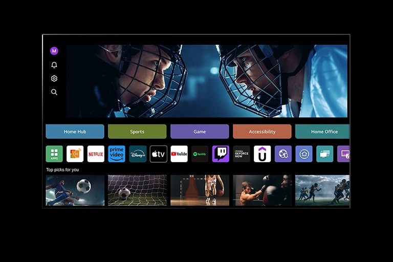يعرض LG TV My Profile. يمرر المؤشر فوق زر Sports ويتغير النص إلى &quot;جميع معلومات Sports&quot;. ينقر المؤشر وتعرض الشاشة Sports Portal. بعد ذلك، يمرر المؤشر فوق زر Game ويتغير النص إلى &quot;أفضل تجربة ألعاب&quot;. ينقر المؤشر وتعرض الشاشة الصفحة الرئيسية للعبة.