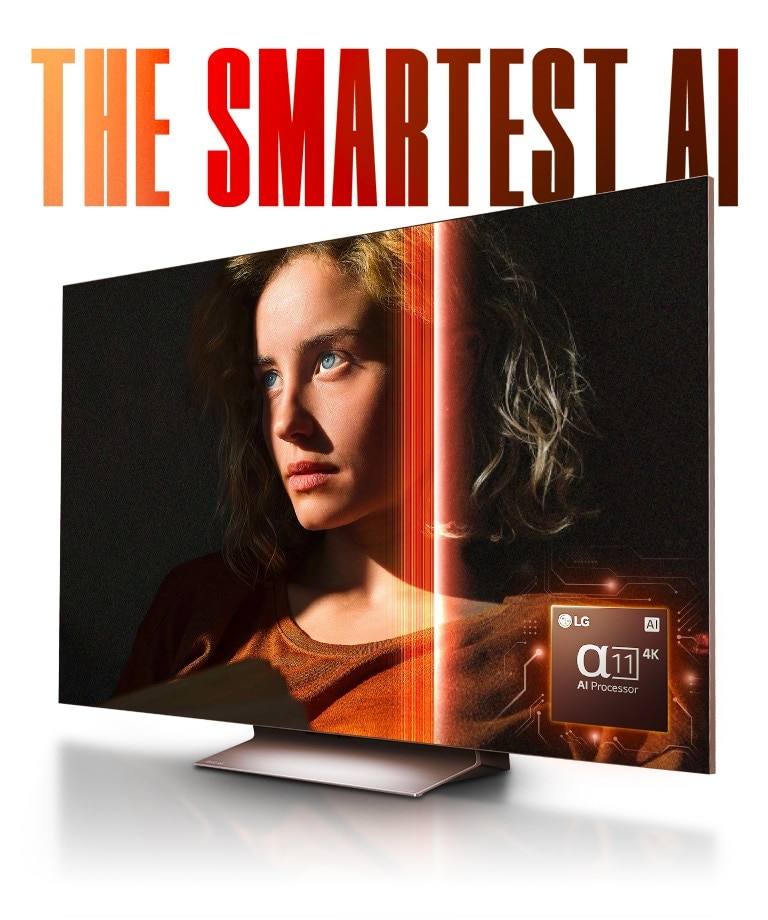 توجد الكلمات &quot;THE SMARTEST AI&quot; (أذكى تقنية للذكاء الاصطناعي) بنمط متدرج باللون الأحمر فوق LG TV ويعرض وجه سيدة. تتتبع أضواء النيون الحمراء الخطوط المحيطة لصورة السيدة وتمر عبر الشاشة، مما ينتج عنه صورة أكثر سطوعًا. يوجد رسم معالج LG alpha 11 AI في أسفل اليمين.