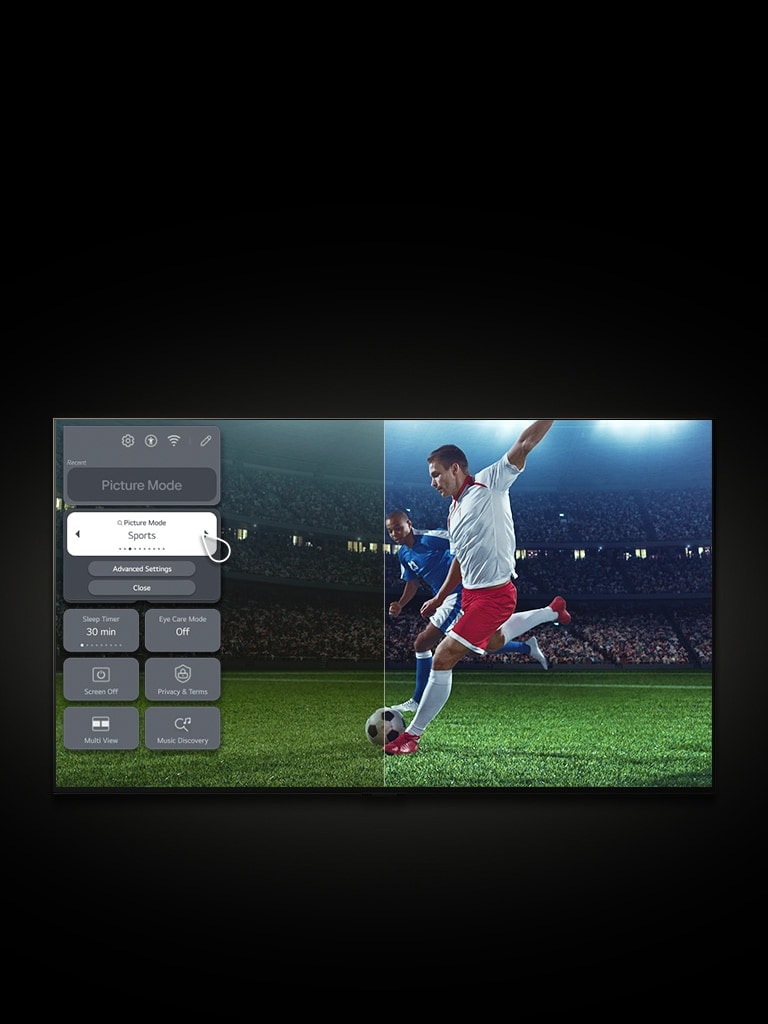 يعرض LG TV لاعب كرة قدم على أرض الملعب. تعرض القائمة الموجودة على الجانب الأيسر من الشاشة الإعدادات، وينقر المؤشر لتغيير إعداد الصورة من &quot;Vivid&quot; إلى &quot;Sports Mode&quot;. يمر خط رسومي فوق الشاشة ليكشف عن صورة أكثر سطوعًا ووضوحًا.
