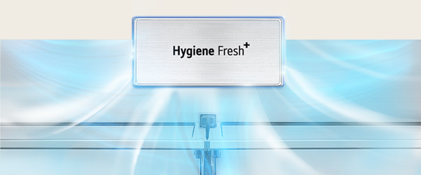 يعني Hygiene Fresh+ المميز والسهم الرمادي، امتصاص الرائحة الكريهة في Hygiene Fresh+، وانتشار الهواء البارد النظيف.