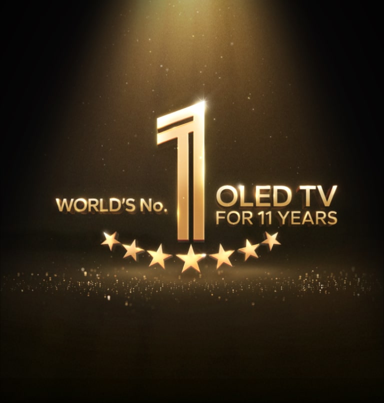 شعار ذهبي لـ OLED TV صاحب المرتبة الأولى في العالم لمدة 11 عامًا على خلفية سوداء. تسليط الضوء على الشعار، والنجوم الذهبية المجردة تملء الفضاء.  