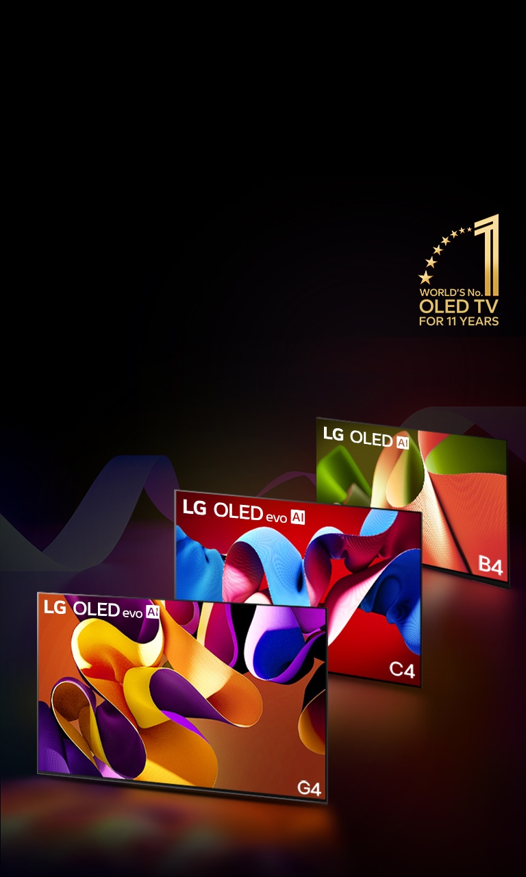  LG OLED evo G4، وLG OLED evo C4، وLG OLED B4 بشكل متجاور، يعرض كل منها عملا فنيًا تجريديًا مختلف الألوان على الشاشة. ينبعث الضوء من كلٍ من التلفزيونين إلى الأرض بالأسفل. شعار ذهبي لـ OLED TV رقم 1 في العالم لمدة 11 عامًا في الزاوية اليمنى العليا.