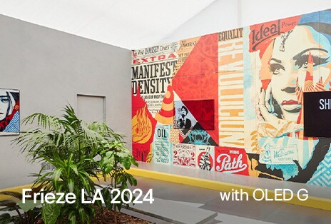 OLED G mounted in the middle of Shepard Fairey mural.	