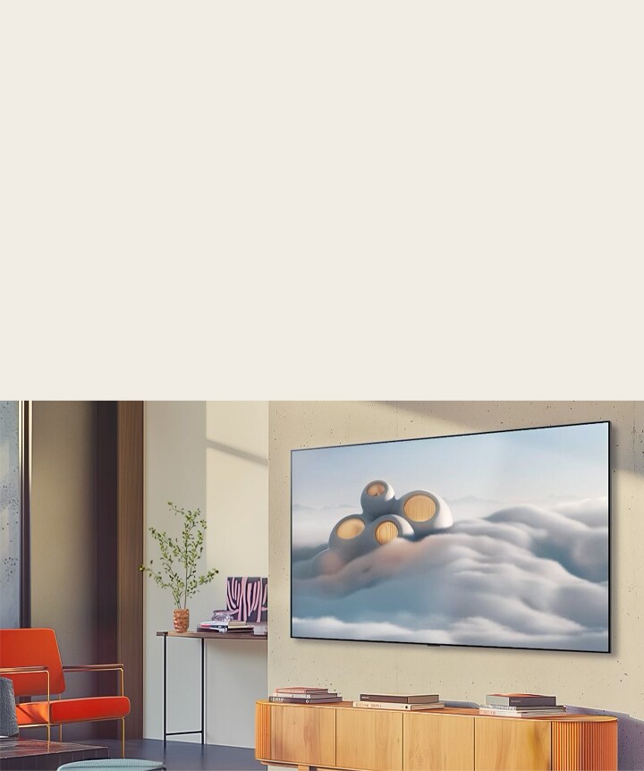 LG TV mounted on a wall depicting a high resolution background.	