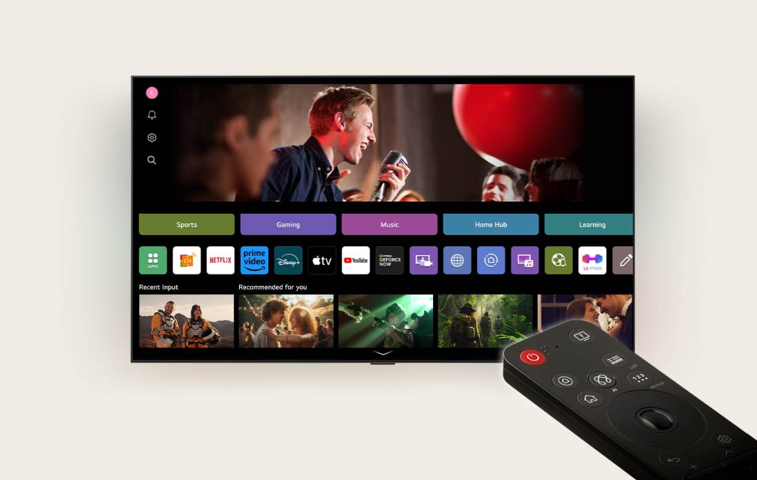 LG webOS interface with the AI Magic Remote in the foreground. The thumbnails on the user interface show personalized content recommendations from AI Voice ID.