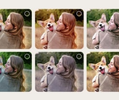 Screen of a user going through the AI Picture Wizard personalization process. Series of pictures are shown with user's selections being highlighted. A loading icon appears and a landscape image is shown being enhanced from left to right.
