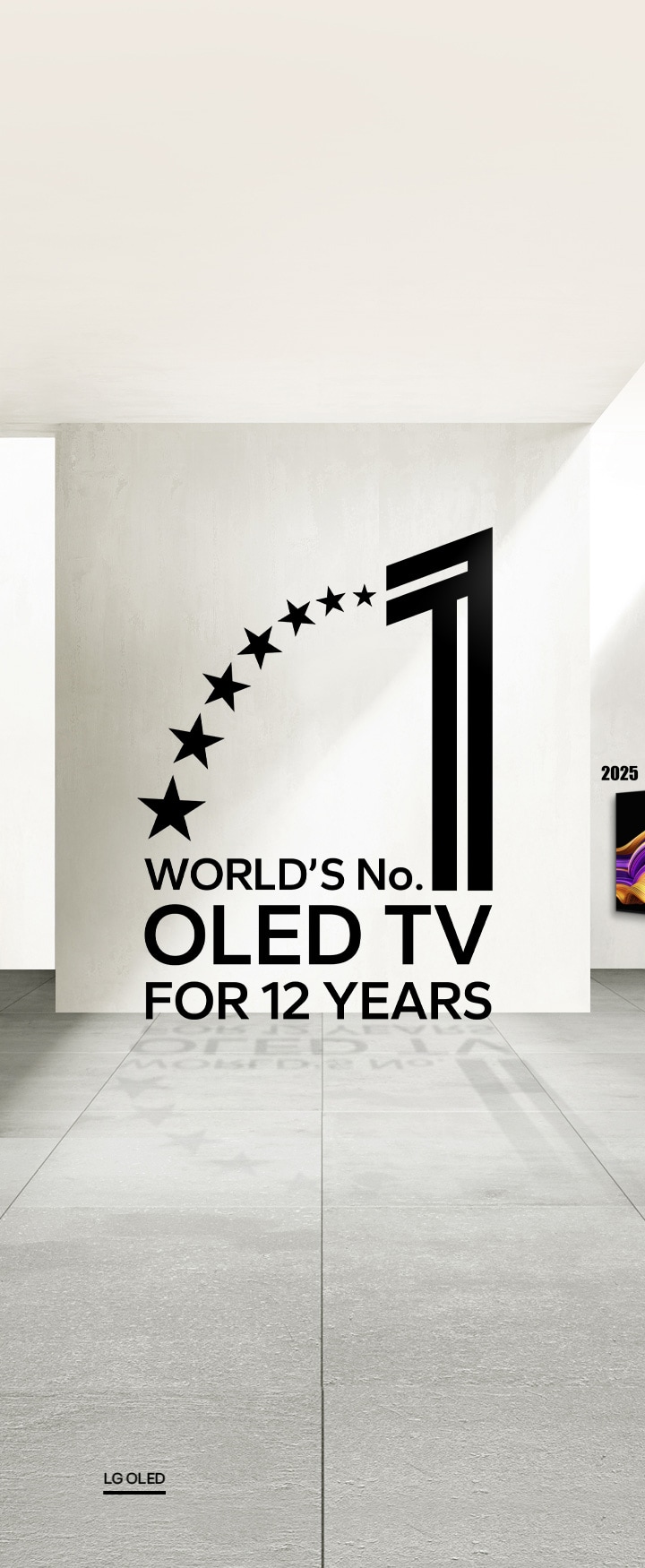 World's number 1 OLED TV for 12 years emblem is shown. Then each of the LG OLED innovations from 2013 to the present are shown with the awards each TV won. It cycles from LG's latest OLED evo G5, world's first transparent OLED, world's first rollable OLED, world's first wallpaper OLED, and the world's first 55-inch OLED TV.