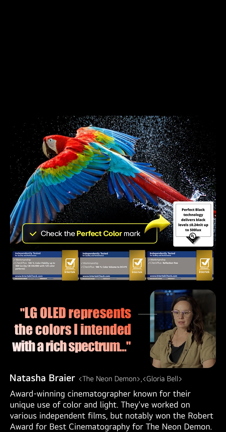 Colorful parrot in ultra-high definition against a black background. Water drops are suspended in the air all around it. The image showcases Perfect Color as each different hue on the parrot's body is vibrant and vivid. The dark background with the detailed water splashes also highlights how the screen is reflection-free. Different logo certifications from UL and Intertek are visible. These refer to its 100% Color Fidelity, 100% Color Volume, and reflection-free claim. Text is also visible, check the Perfect Color certification mark.