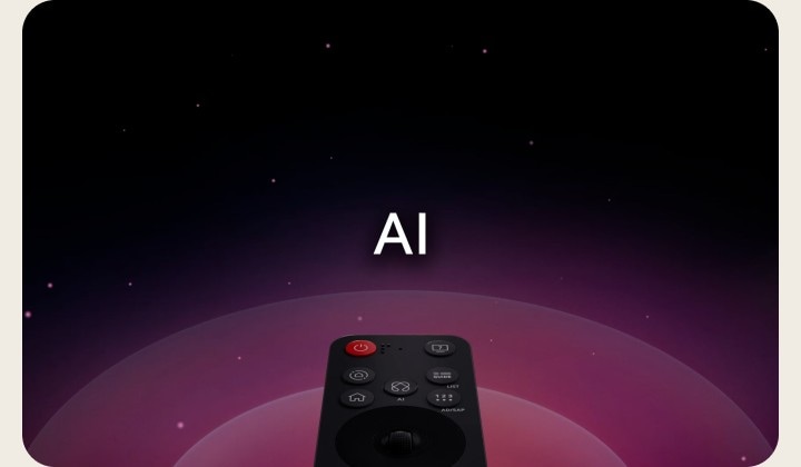 LG AI Magic Remote against an abstract background. The AI button is highlighted. There is a graphic UI representation with icons of how the AI button allows users to access different AI functionality. The services include AI Voice ID, AI Search, AI Chatbot, AI Concierge, AI Picture Wizard, and AI Sound Wizard. The mouse-like functionality is then showcased as the cursor appears over an interface, showing how the remote offers simplified controls.