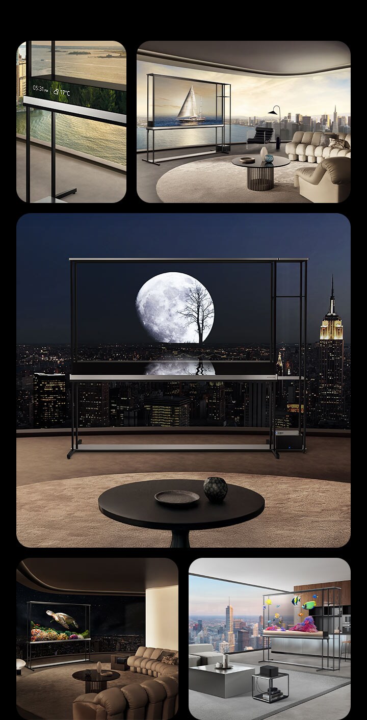 Different spaces with an LG Signature OLED T TV. In each of these the TV is in transparent mode showing how the T-Contents' visuals blend with reality. In one of the scenes, the information bar is also visible showing the date, time, and temperature.
