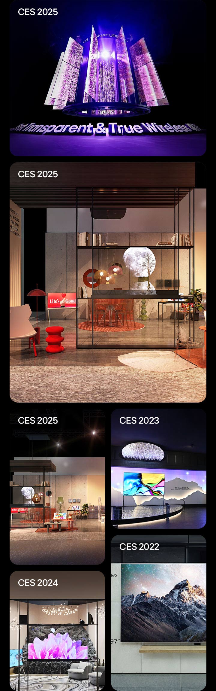 Different LG OLED exhibits and installations at CES are featured. This covers CES 2022, CES 2023, CES 2024, and CES 2025. 