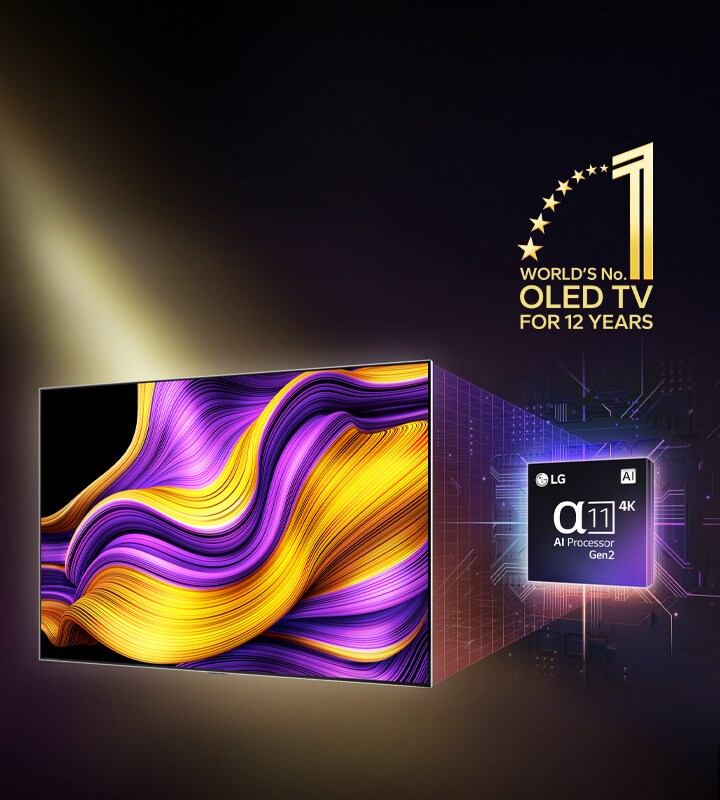 LG OLED TV with a colorful abstract artwork on its screen and the alpha 11 AI Processor Gen2 highlighted behind it. Bright lights erupt from the processor and TV showcasing its advanced technology. The world's number one OLED TV for 12 years emblem is also visible. 