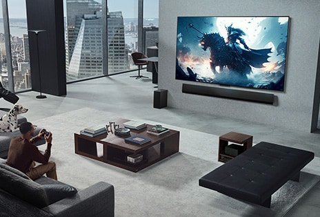 Living room with a person playing a video game on his wall-mounted LG True Wireless TV and LG Soundbar. He holds a controller in his hand, but the gaming console is not immediately visible. There are also no visible wires. The Zero Connect Box is tucked away, barely seen under a side table.
