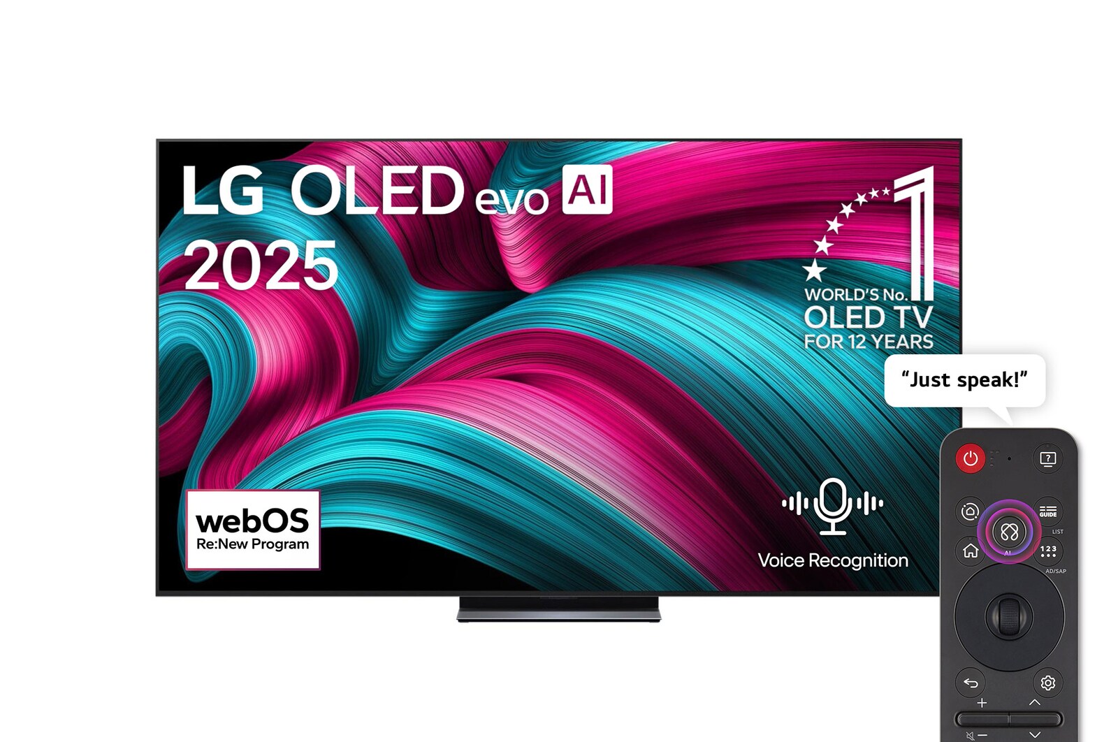 Front view of LG OLED evo AI C5 4K Smart TV. 12 Years of world number 1 OLED emblem and LG OLED evo AI 2025 logo are on the screen.