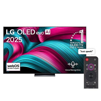 Front view of LG OLED evo AI C5 4K Smart TV. 12 Years of world number 1 OLED emblem and LG OLED evo AI 2025 logo are on the screen.