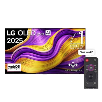 Front view of LG OLED evo AI G5 4K Smart TV. 12 Years of world number 1 OLED emblem and LG OLED evo AI 2025 logo are on the screen.