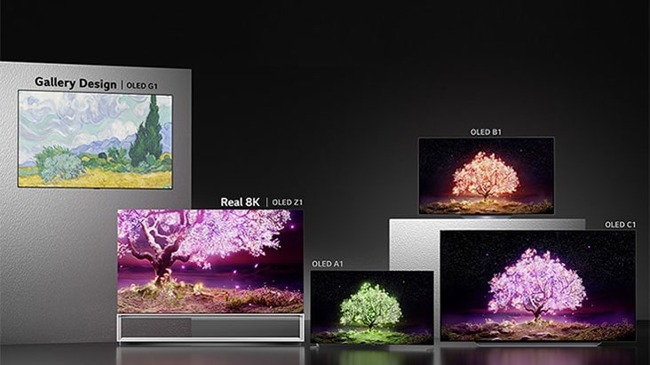 The Gallery Design OLED G1, Real 8K OLED Z1, OLED A1, OLED B1, and OLED C1 TVs arranged in front of a dark backdrop.