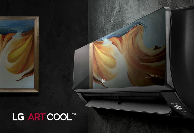 LG ARTCOOL air conditioner with abstract painting in orange and blue tones, matching framed artwork on dark wall.