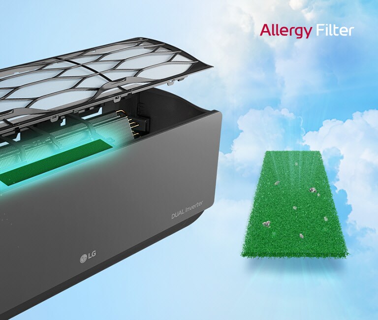 LG Dual Inverter air conditioner showing an open allergy filter against a sky background with a grass patch.