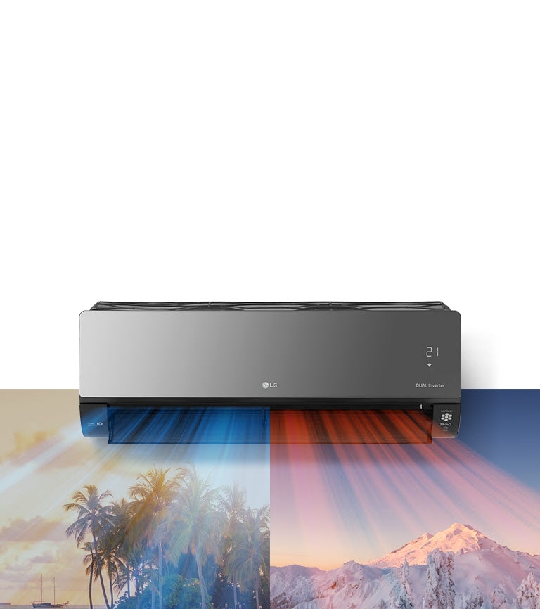 An LG air conditioner is hanging at the top center of the image. Beneath it are two images, one image shows a hot beach scene and the other shows a snowy mountain scene. Air blows out of the air conditioner with cool blue air on the beach scene and warm red air across the snowy scene.