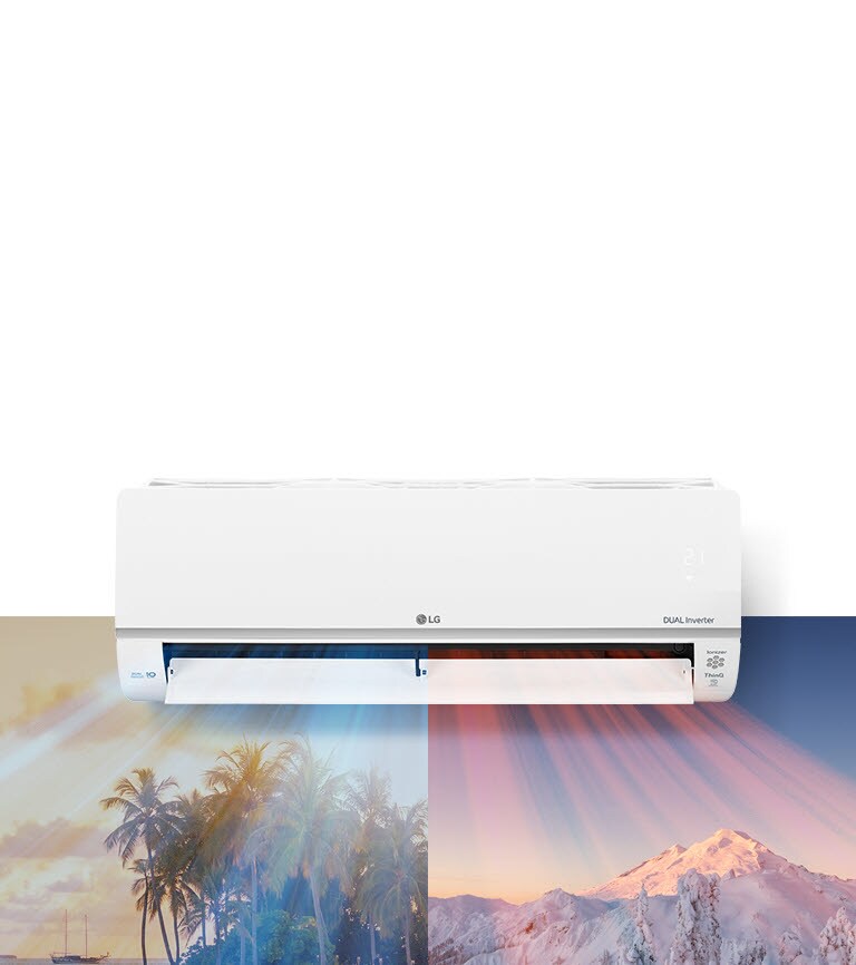 LG DUAL Inverter air conditioner, cooling on the left with palm trees and heating on the right with snowy mountains.