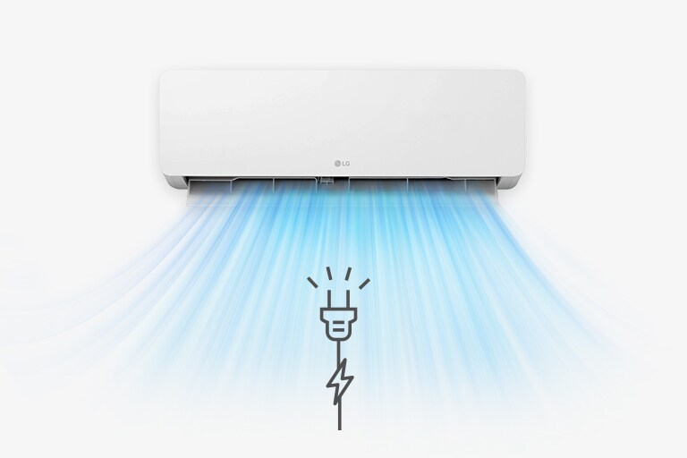  LG wall-mounted air conditioner emitting blue air streams downward, with an energy-saving icon displayed below.