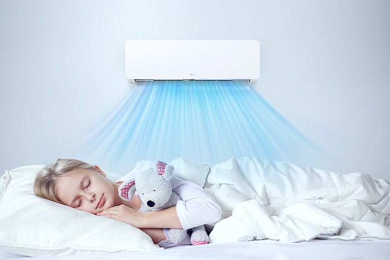  A person cuddles a stuffed animal under white blankets on a bed while an LG air conditioner emits blue cooling streams.