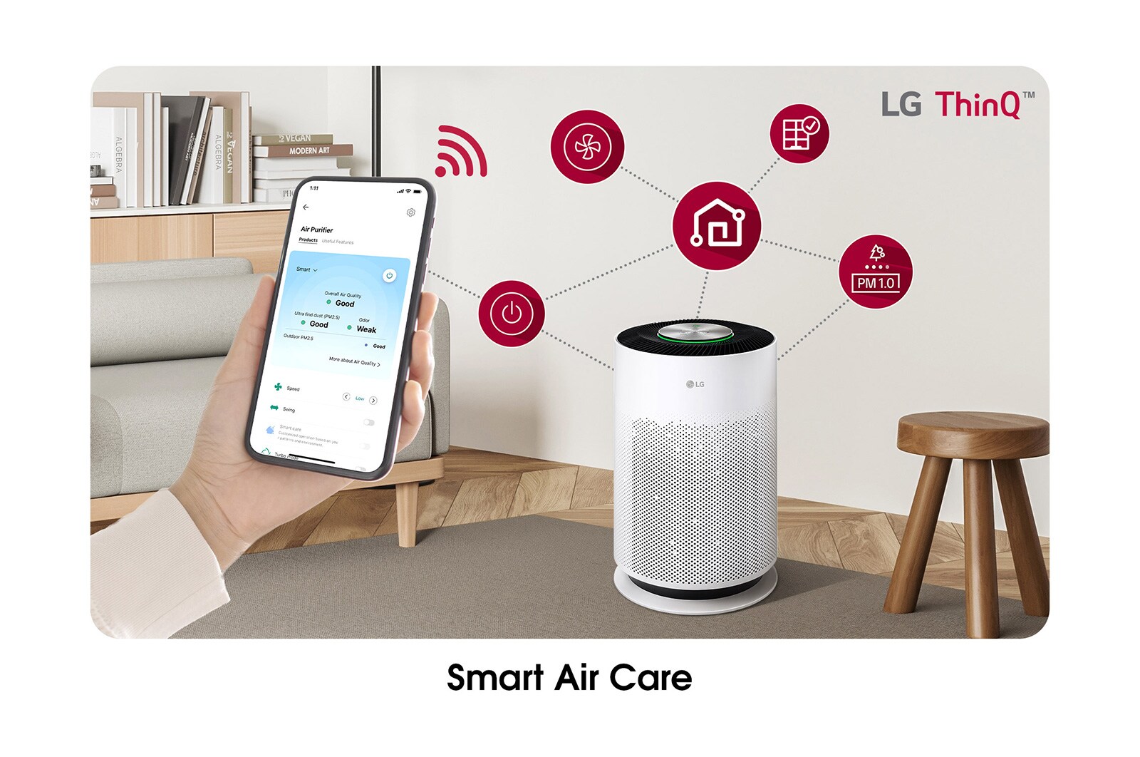 LG PuriCare 360 HIT with 62 m² coverage, 6-step filtration, PM 1.0 sensor, 360° purification, AS60GHWG0