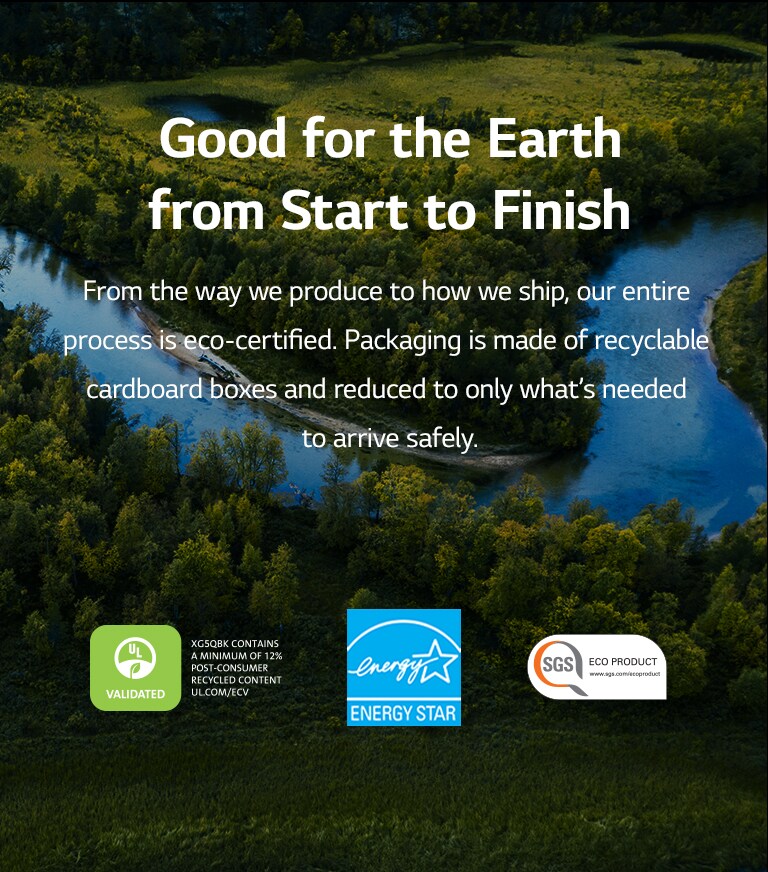 There's a forest and a river in the image. On the bottom of the image it shows UL, energy star and SGS logos.