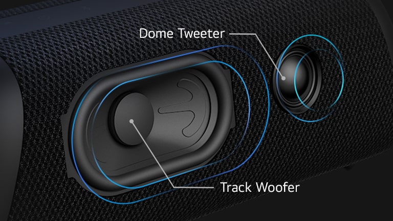 Diagonal view LG XBOOM Go XG7, showing its track type woofer and a dome tweeter.