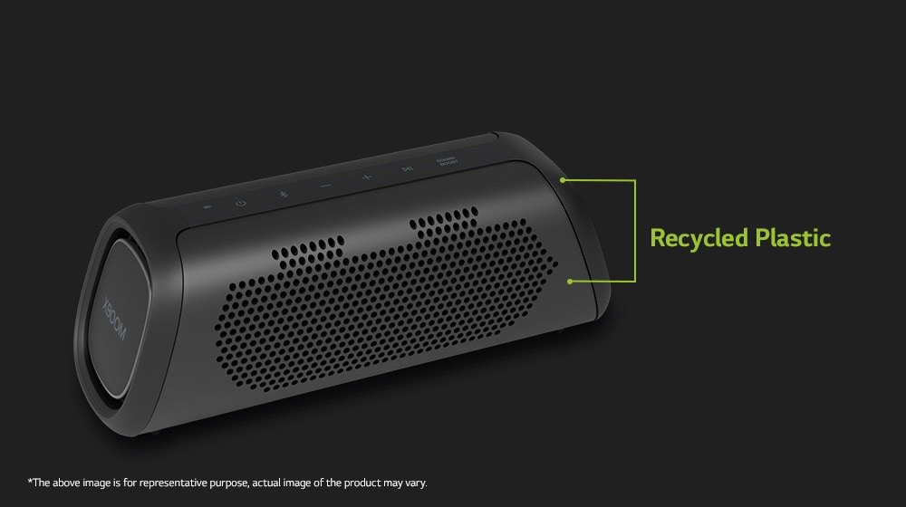 There is a diagonal view of speaker, showing recycled parts.