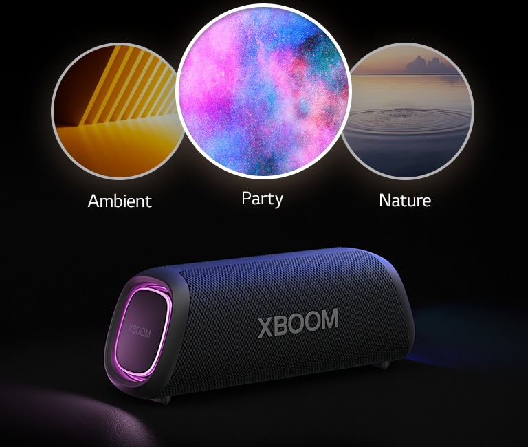 LG XBOOM Go XG5 with purple lighting is placed on the floor. On top of the speaker it shows three modes of Light studio; ambient, nature, and party.