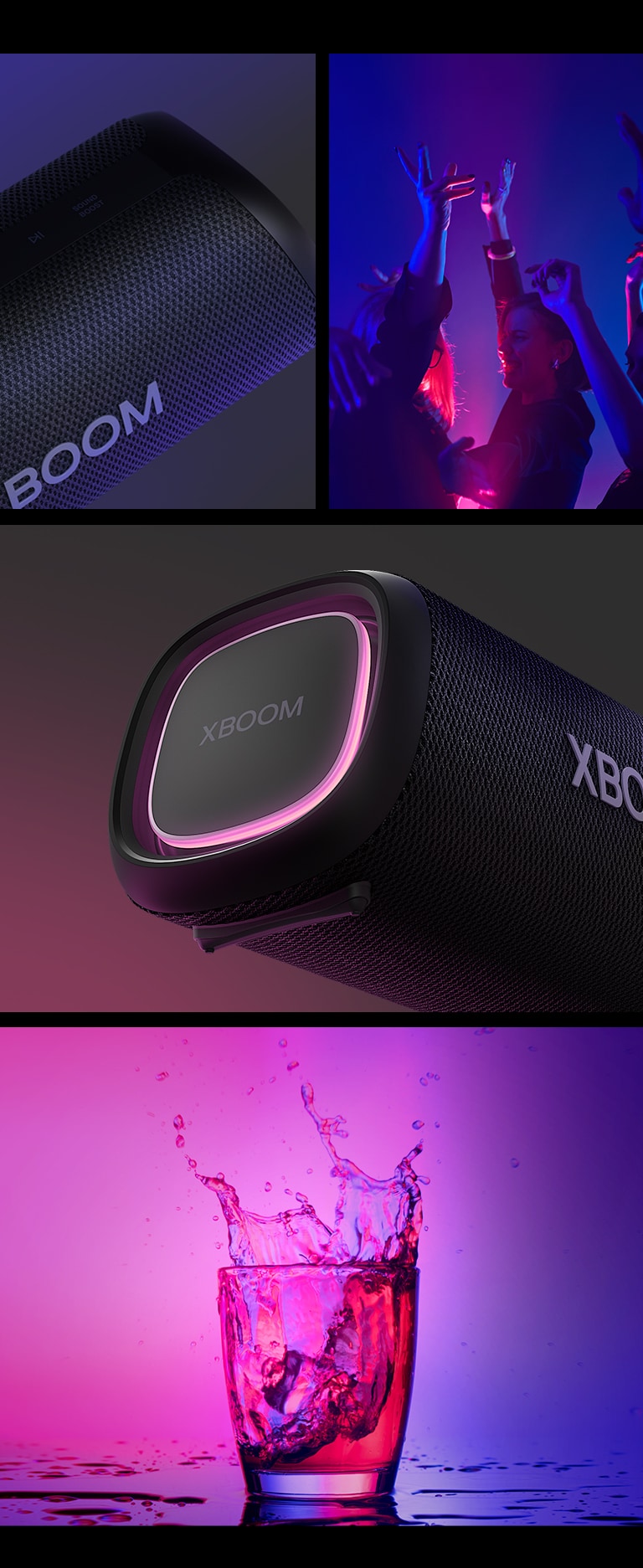 College. From left, close up view of LG XBOOM Go XG5. Next, an image of people enjoying the music. On the right from top to bottom: close-up view of the speaker with pink lighting and two glasses of drink.