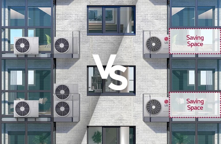 Left: Outdoor units taking up lots of balcony space  Right: LG Multi Split outdoor unit taking up less space than conventional units