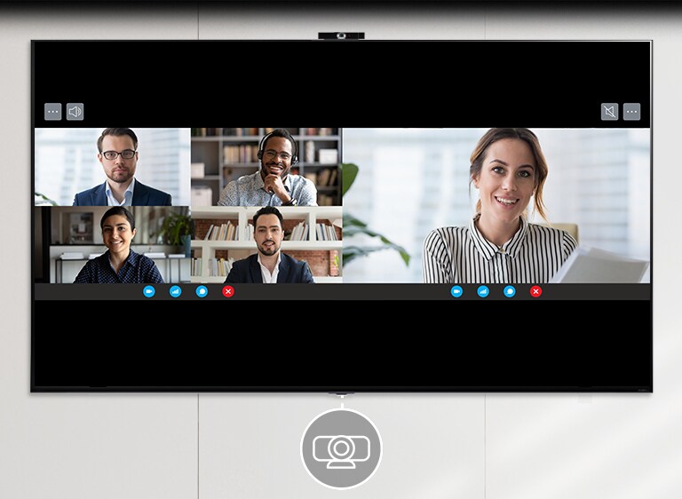 There is an LG Smart Cam-mounted TV placed on a white interior wall. The TV screen shows a video conference scene, with four people on the left side of the split-screen and one woman on the right side.