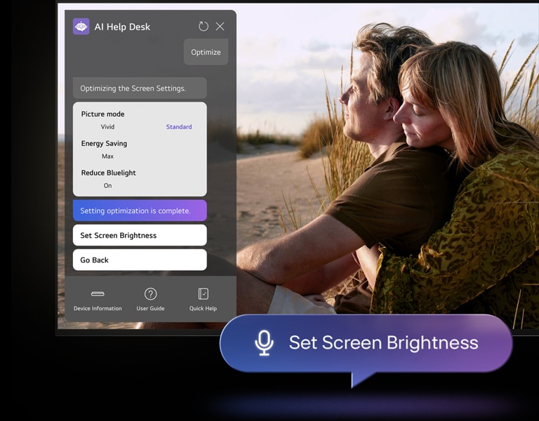 On top of an image of a man and woman on a beach, the AI Help Desk chat window. In front of the display, a speech bubble contains a microphone graphic and the words &quot;Set Screen Brightness.&quot;