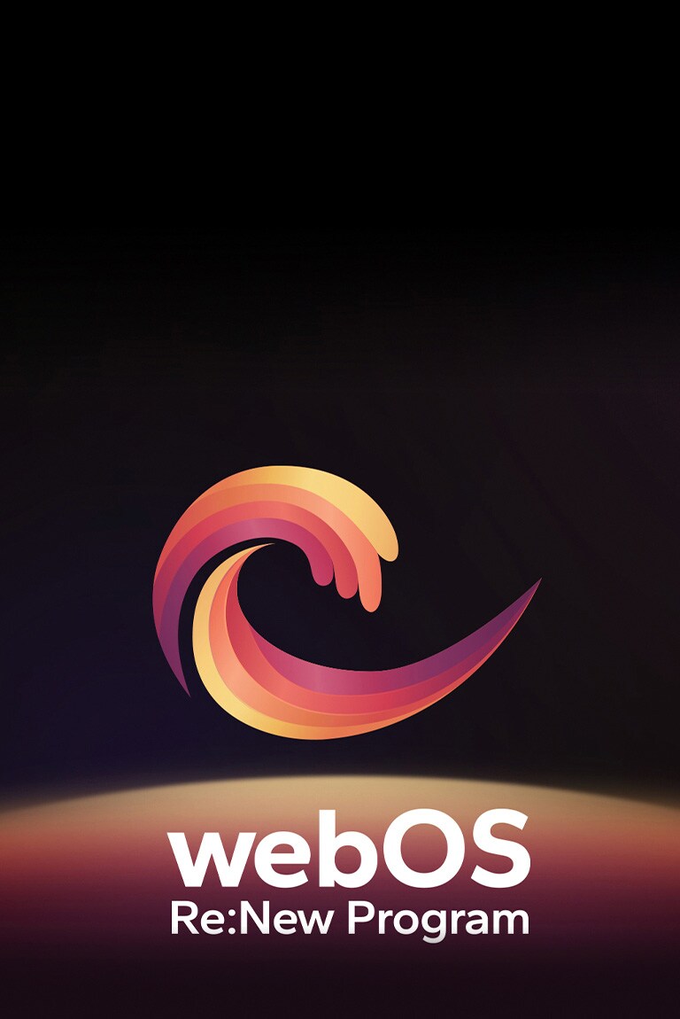 The webOS logo hovering in the center on a black background, and the space below is illuminated with the logo colors of red, orange, and yellow. The words &quot;webOS Re:New Program&quot; are below the logo.	