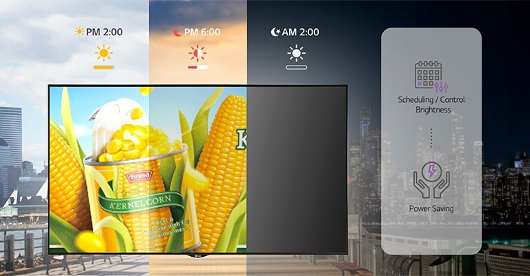 Utilizing LG SuperSign CMS, brightness of signage can be adjusted based on external lighting conditions to optimize power consumption. The scheduling feature is used to adjust the brightness, maintaining maximum brightness at 2 PM and gradually reducing it as it gets darker by 6 PM. The image also illustrates that the power can be turned off at 2 AM.