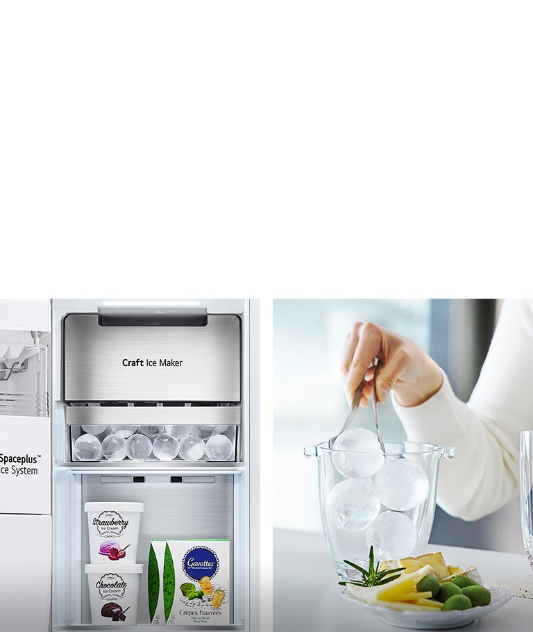 The left image shows the interior of the freezer stocked with ice cream & the Craft Ice Maker with perfectly round ice cubes.